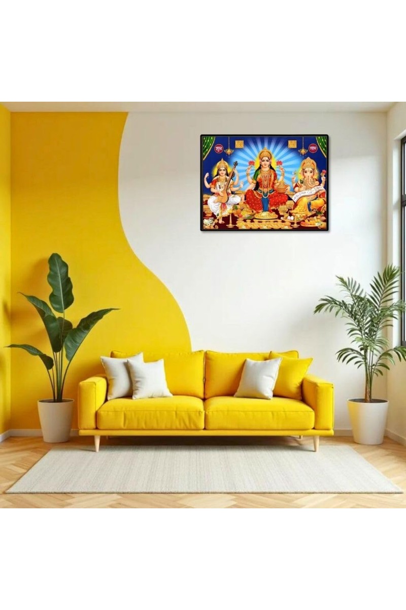 Lord Ganesha Maa Laxmi Sarswati Laminated Photo - 7x9 Inches, Divine Blessings For Home & Office And Temple Decoration (F16127)