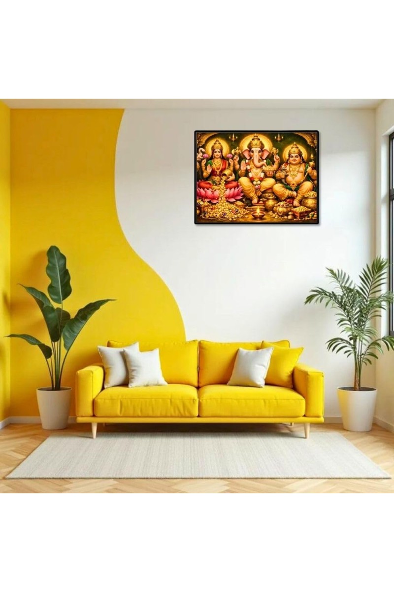 Lord Ganesha Maa Laxmi Sarswati Laminated Photo - 9x11 Inches, Divine Blessings For Home & Office And Temple Decoration (F16144)
