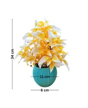 HiTechMart Artificial Yellow & White Flower Pot with Blue Textured Vase | Realistic Faux Flower Pot for Home & Office Décor | Low-Maintenance Tabletop Decoration | Gift for Housewarming & Festivals