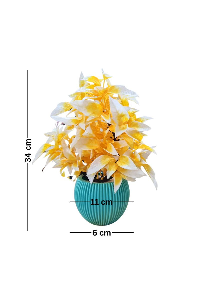 HiTechMart Artificial Yellow & White Flower Pot with Blue Textured Vase | Realistic Faux Flower Pot for Home & Office Décor | Low-Maintenance Tabletop Decoration | Gift for Housewarming & Festivals