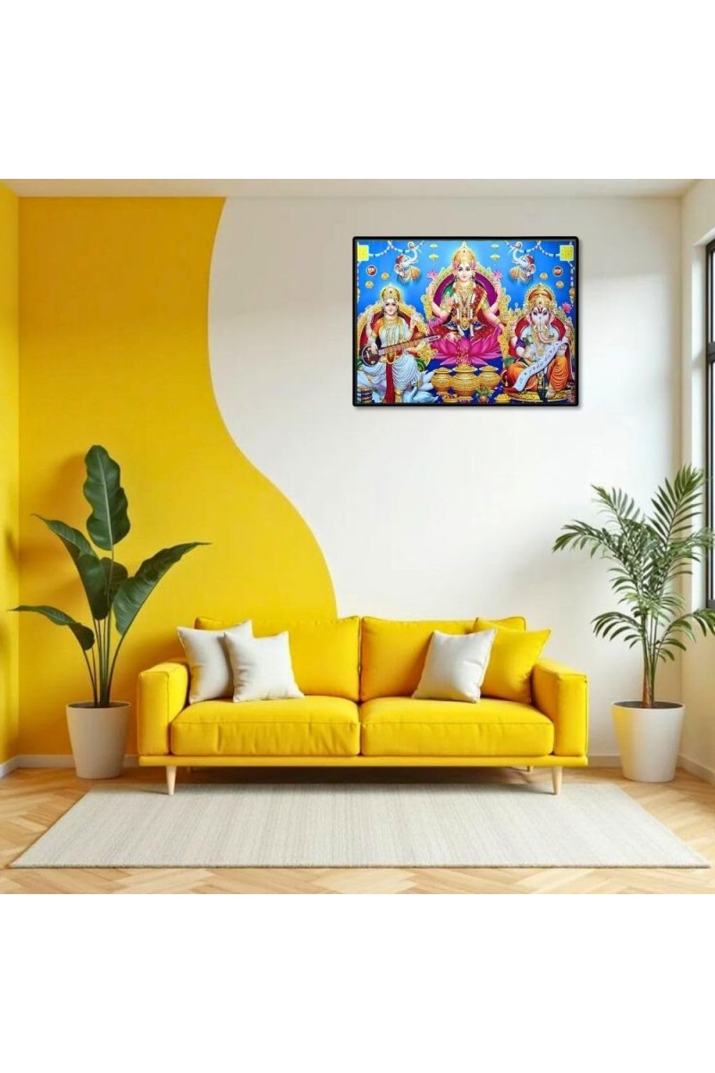 Lord Ganesha Maa Laxmi Sarswati Laminated Photo - 9x11 Inches, Divine Blessings For Home & Office And Temple Decoration (F16123)