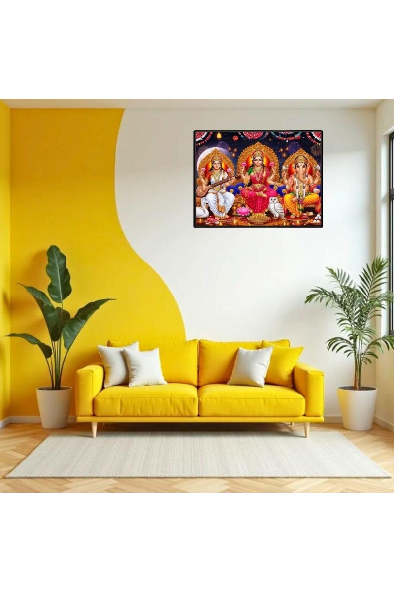 Lord Ganrsha Laxmi Saraswati Laminated Photo - 11x13 Inches, Divine Blessings For Home & Office And Temple Decoration (F16082)
