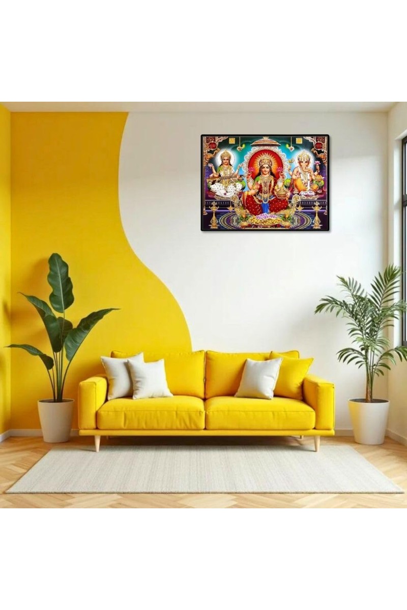 Lord Ganesha Maa Laxmi Sarswati Laminated Photo - 7x9 Inches, Divine Blessings For Home & Office And Temple Decoration (F16125)