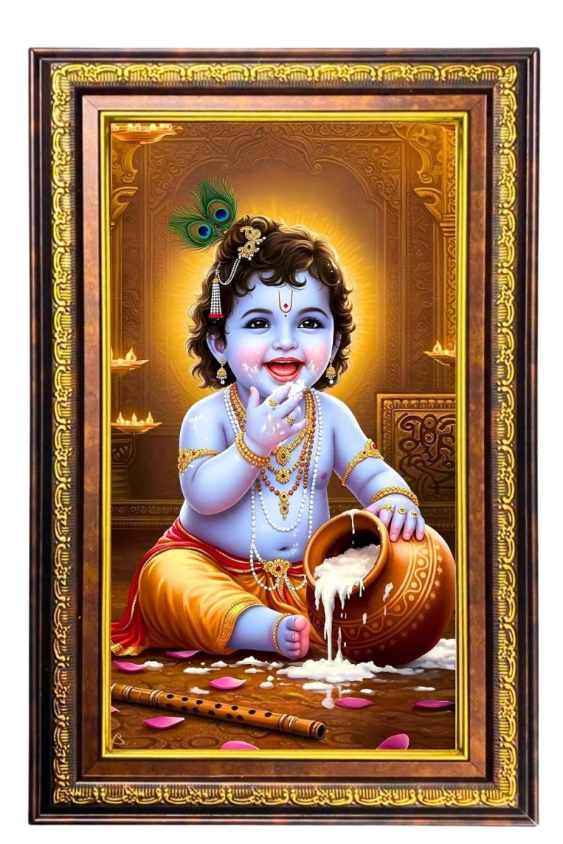 Lord Krishna Digital Golden Balck Color Photo Frame | Hindu Religious Wall Decor | 18x24 Inches - Inspirational Wall Art For Office, Home Decor - Ideal Spiritual Gift (F16791)