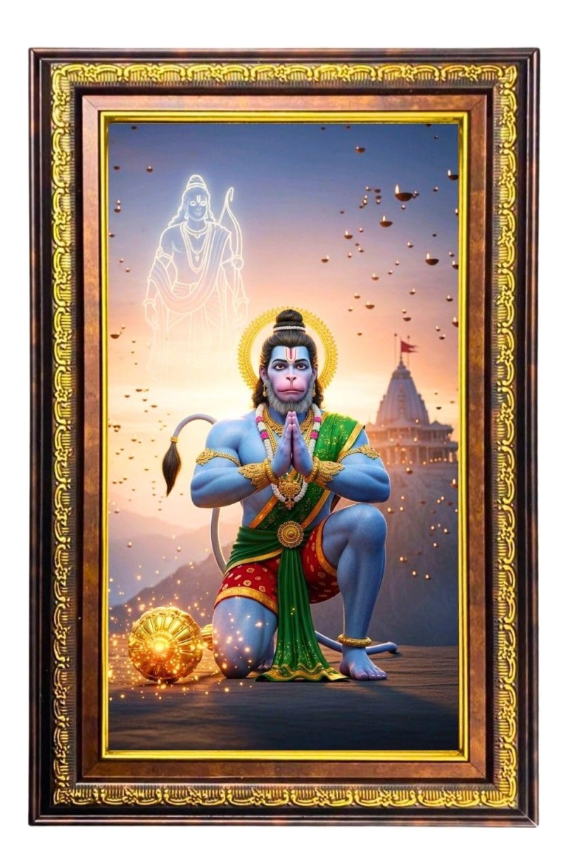 Lord Hanuman Digital Golden Balck Color Photo Frame | Hindu Religious Wall Decor | 18x24 Inches - Inspirational Wall Art For Office, Home Decor - Ideal Spiritual Gift (F16707)