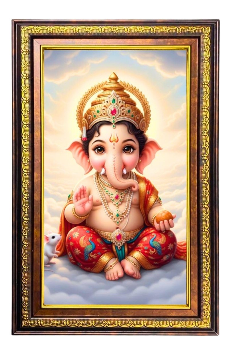 Lord Ganesha Digital Golden Balck Color Photo Frame | Hindu Religious Wall Decor | 16x22 Inches - Inspirational Wall Art For Office, Home Decor - Ideal Spiritual Gift (F16693)