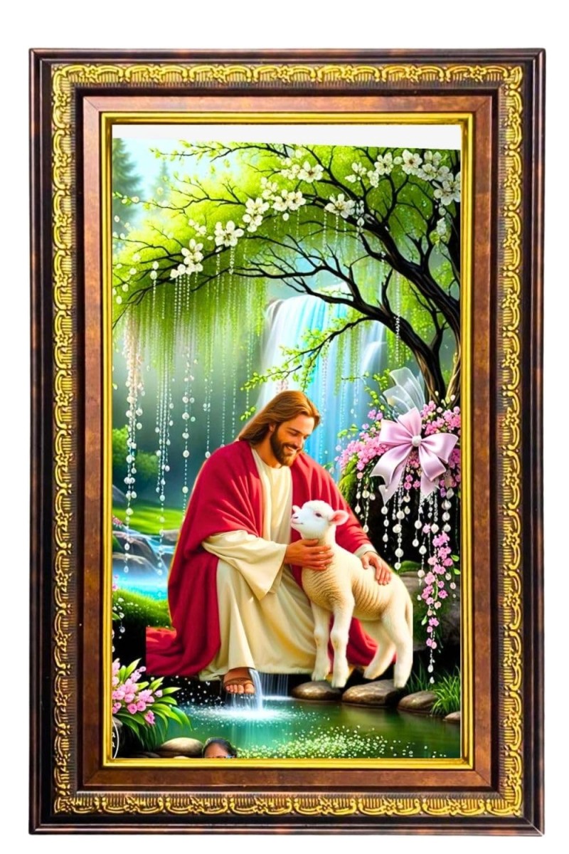 Lord Jesus Digital Golden Balck Color Photo Frame | Hindu Religious Wall Decor | 18x24 Inches - Inspirational Wall Art For Office, Home Decor - Ideal Spiritual Gift (F16737)