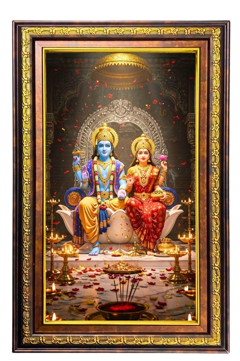 Lord Vishnu Laskmi Digital Golden Balck Color Photo Frame | Hindu Religious Wall Decor | 16x22 Inches - Inspirational Wall Art For Office, Home Decor - Ideal Spiritual Gift (F16722)