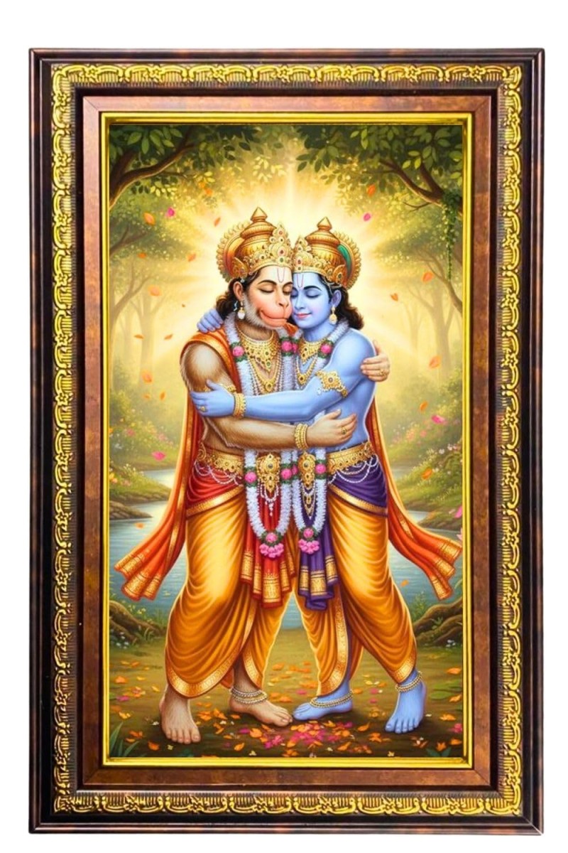Lord Hanuman And Lord Rama Digital Golden Balck Color Photo Frame | Hindu Religious Wall Decor | 18x24 Inches - Inspirational Wall Art For Office, Home Decor - Ideal Spiritual Gift (F16706)