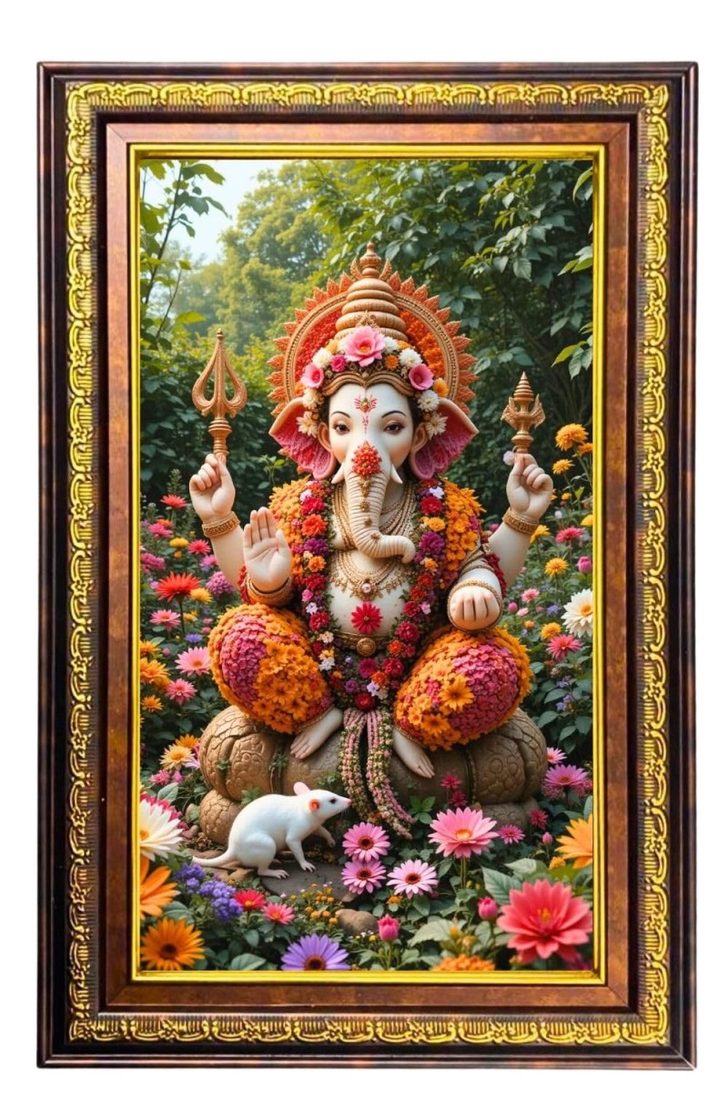 Lord Ganesha Digital Golden Balck Color Photo Frame | Hindu Religious Wall Decor | 16x22 Inches - Inspirational Wall Art For Office, Home Decor - Ideal Spiritual Gift (F16589)