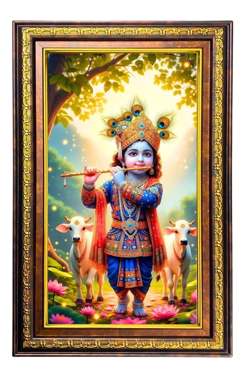 Lord Krishna Digital Golden Balck Color Photo Frame | Hindu Religious Wall Decor | 18x24 Inches - Inspirational Wall Art For Office, Home Decor - Ideal Spiritual Gift (F16818)