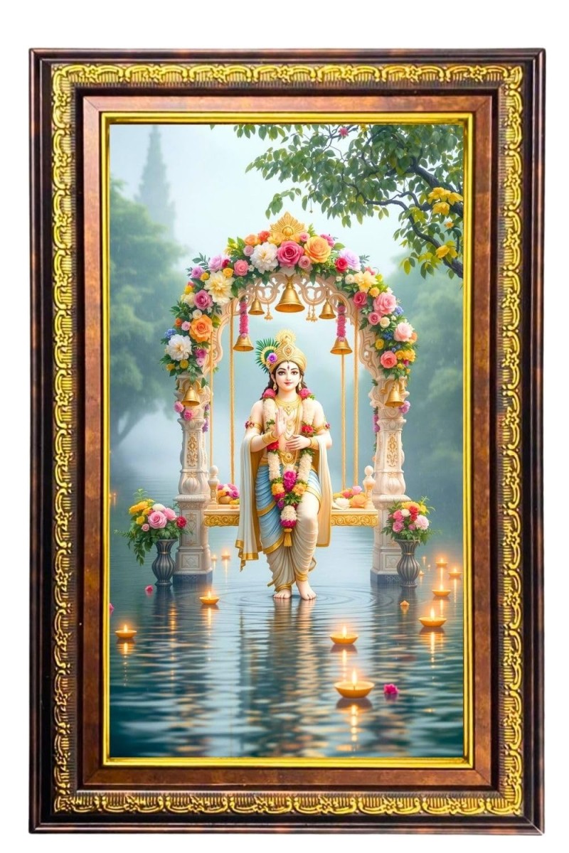 Lord Krishna Digital Golden Balck Color Photo Frame | Hindu Religious Wall Decor | 18x24 Inches - Inspirational Wall Art For Office, Home Decor - Ideal Spiritual Gift (F16674)