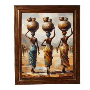 Hitech Sales Painting of Three African Women Carrying Pots Photo Frame for Kids Room, Bedroom, Living Room (Wall and Tabletop, Rectangular, Printed Photo, 12 x 14 inches Frame, Brown)