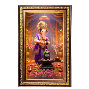 Lord Ganesha Digital Golden Balck Color Photo Frame | Hindu Religious Wall Decor | 18x24 Inches - Inspirational Wall Art For Office, Home Decor - Ideal Spiritual Gift (F16827)