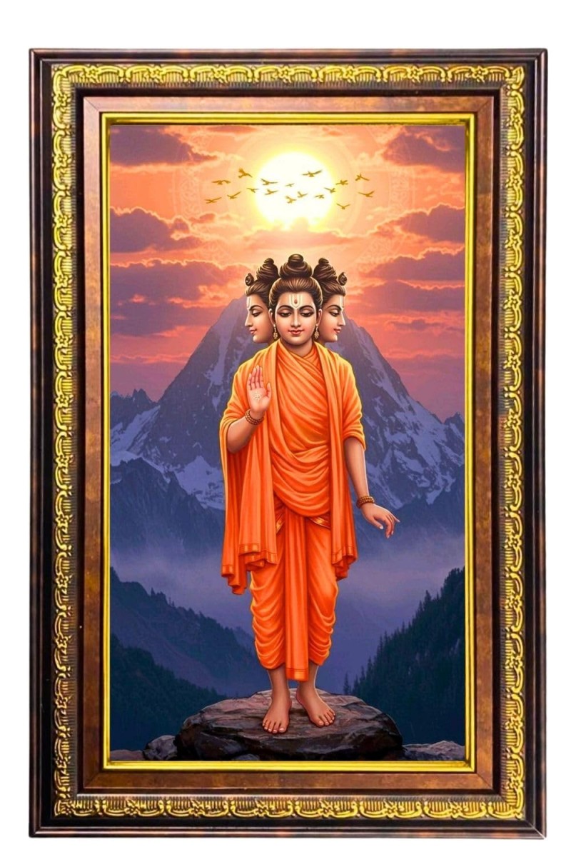 Lord Dattatreya Digital Golden Balck Color Photo Frame | Hindu Religious Wall Decor | 10x16 Inches - Inspirational Wall Art For Office, Home Decor - Ideal Spiritual Gift (F16668)