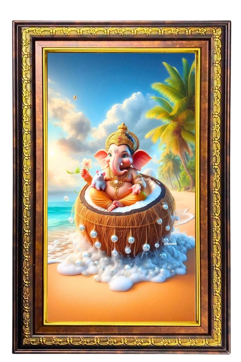 Lord Ganesha Digital Golden Balck Color Photo Frame | Hindu Religious Wall Decor | 18x24 Inches - Inspirational Wall Art For Office, Home Decor - Ideal Spiritual Gift (F16814)