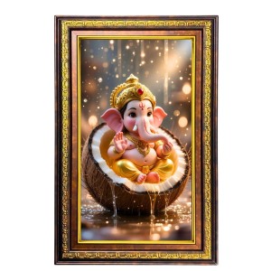 Lord Ganesha Digital Golden Balck Color Photo Frame | Hindu Religious Wall Decor | 18x24 Inches - Inspirational Wall Art For Office, Home Decor - Ideal Spiritual Gift (F16812)