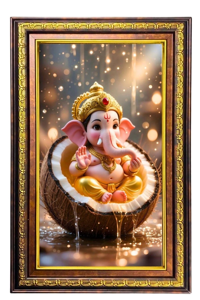 Lord Ganesha Digital Golden Balck Color Photo Frame | Hindu Religious Wall Decor | 18x24 Inches - Inspirational Wall Art For Office, Home Decor - Ideal Spiritual Gift (F16812)