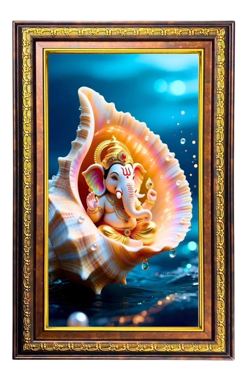 Lord Ganesha Digital Golden Balck Color Photo Frame | Hindu Religious Wall Decor | 18x24 Inches - Inspirational Wall Art For Office, Home Decor - Ideal Spiritual Gift (F16811)