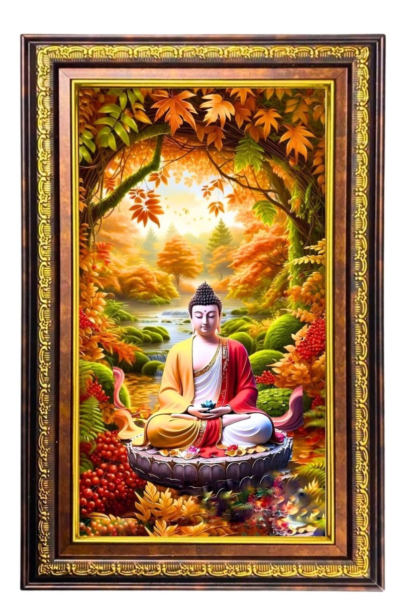 Serene Buddha Digital Golden Balck Color Photo Frame | Hindu Religious Wall Decor | 14x20 Inches - Inspirational Wall Art For Office, Home Decor - Ideal Spiritual Gift (F16842)