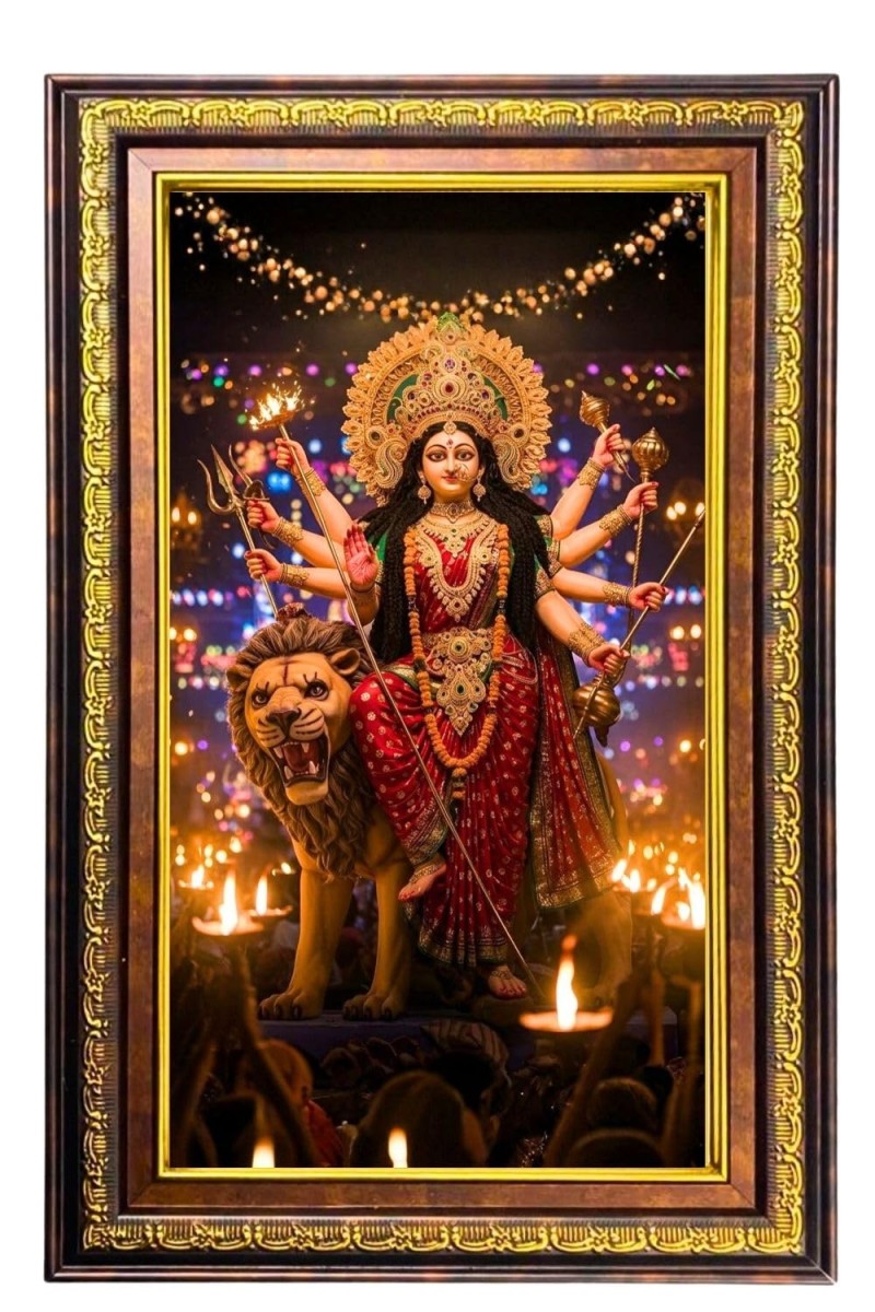 Goddess Durga Digital Golden Balck Color Photo Frame | Hindu Religious Wall Decor | 10x16 Inches - Inspirational Wall Art For Office, Home Decor - Ideal Spiritual Gift (F16903)