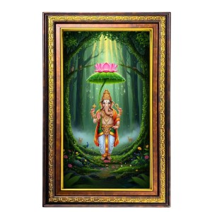 Lord Ganesha Digital Golden Balck Color Photo Frame | Hindu Religious Wall Decor | 18x24 Inches - Inspirational Wall Art For Office, Home Decor - Ideal Spiritual Gift (F16957)