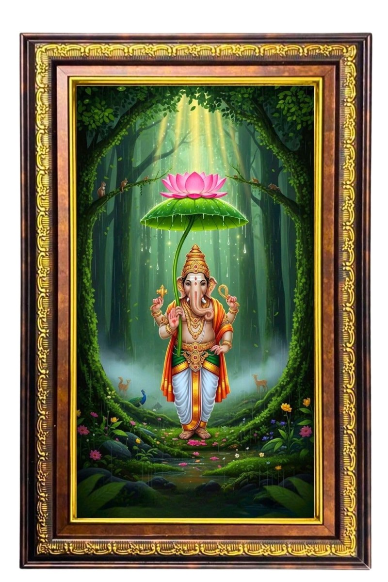 Lord Ganesha Digital Golden Balck Color Photo Frame | Hindu Religious Wall Decor | 18x24 Inches - Inspirational Wall Art For Office, Home Decor - Ideal Spiritual Gift (F16957)