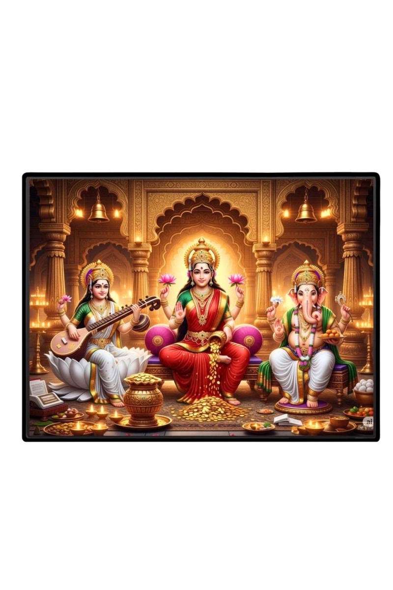 Lord Ganesha Maa Laxmi Sarswati Laminated Photo - 9x11 Inches, Divine Blessings For Home & Office And Temple Decoration (F16107)