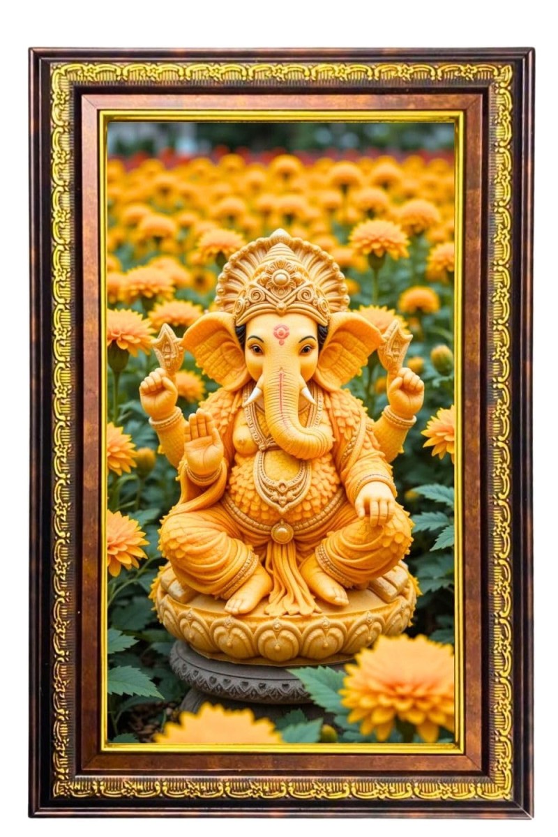 Lord Ganesha Digital Golden Balck Color Photo Frame | Hindu Religious Wall Decor | 14x20 Inches - Inspirational Wall Art For Office, Home Decor - Ideal Spiritual Gift (F16588)