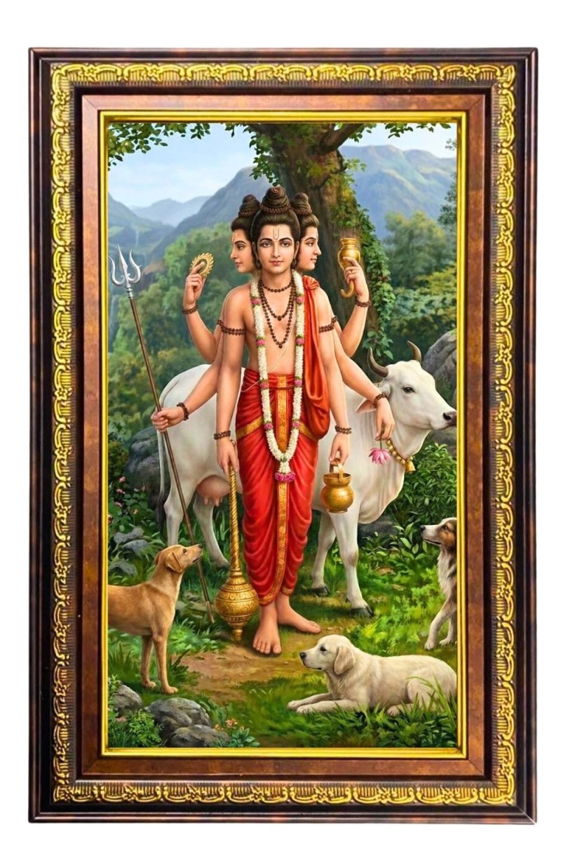 Lord Dattatreya Digital Golden Balck Color Photo Frame | Hindu Religious Wall Decor | 12x18 Inches - Inspirational Wall Art For Office, Home Decor - Ideal Spiritual Gift (F16672)