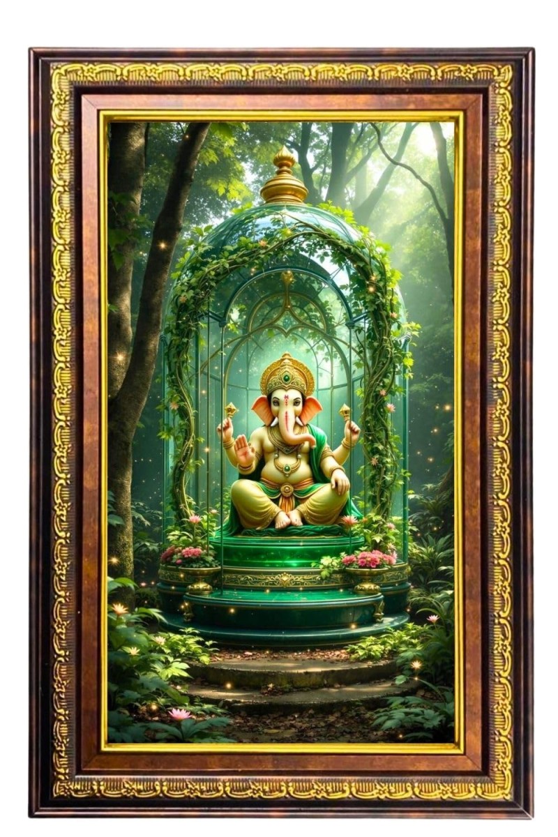 Lord Ganesha Digital Golden Balck Color Photo Frame | Hindu Religious Wall Decor | 18x24 Inches - Inspirational Wall Art For Office, Home Decor - Ideal Spiritual Gift (F16581)
