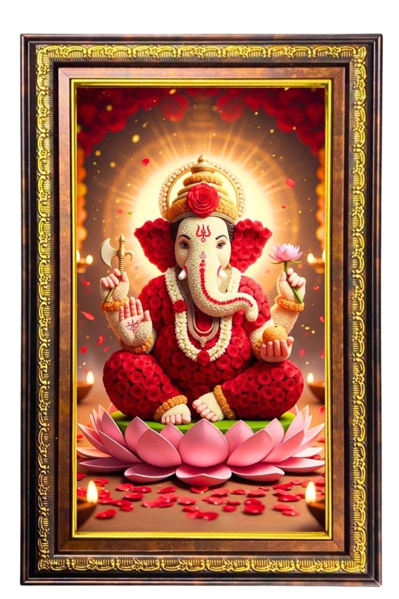 Lord Ganesha Digital Golden Balck Color Photo Frame | Hindu Religious Wall Decor | 16x22 Inches - Inspirational Wall Art For Office, Home Decor - Ideal Spiritual Gift (F16587)