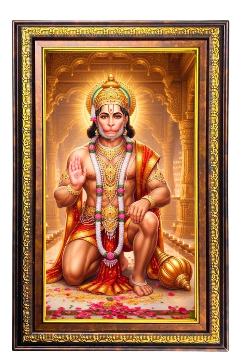 Lord Hanuman Digital Golden Balck Color Photo Frame | Hindu Religious Wall Decor | 16x22 Inches - Inspirational Wall Art For Office, Home Decor - Ideal Spiritual Gift (F16703)