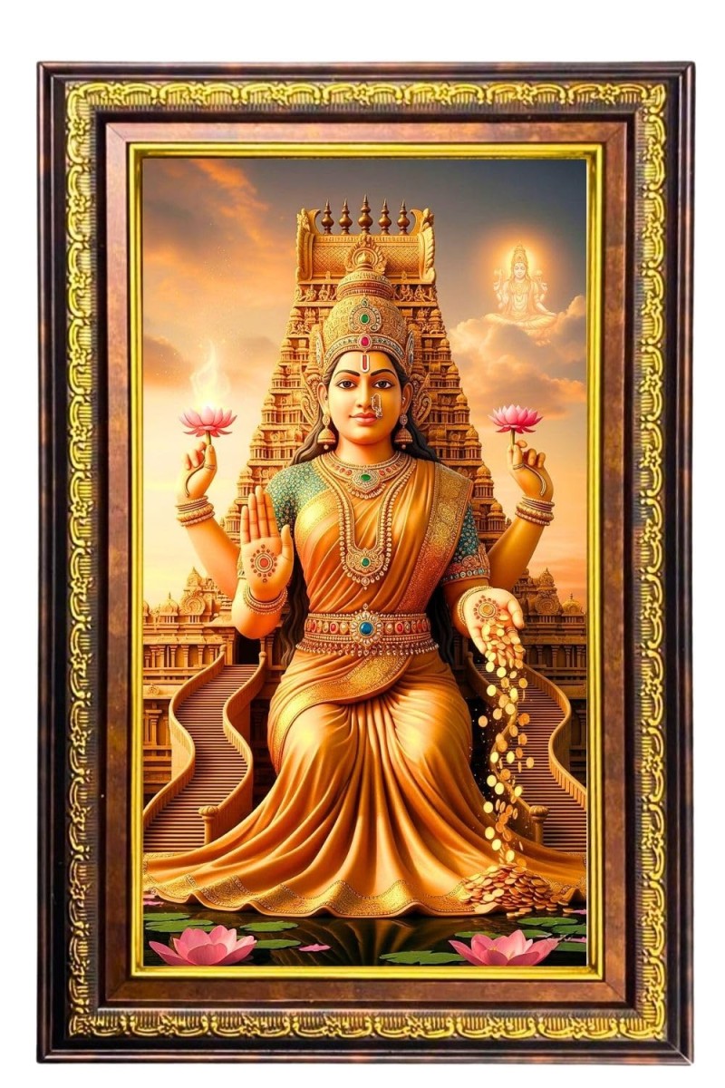 Goddess Lakshmi Digital Golden Balck Color Photo Frame | Hindu Religious Wall Decor | 12x18 Inches - Inspirational Wall Art For Office, Home Decor - Ideal Spiritual Gift (F16763)