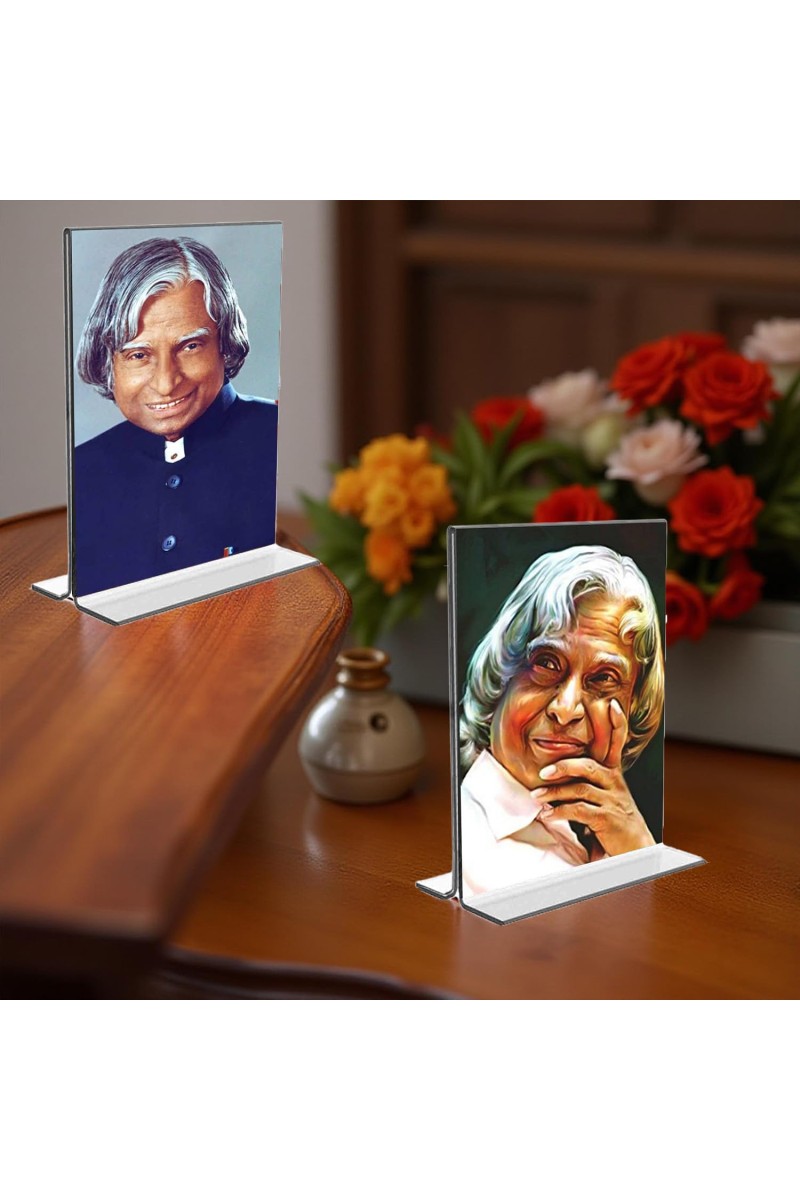 APJ Abdul Kalam Acrylic T-Style Table Desk Both Side Photo Stand - 7x9 Inches, Compact and Stylish Spiritual Display, Easy to change 2 photos (Pack of 1)