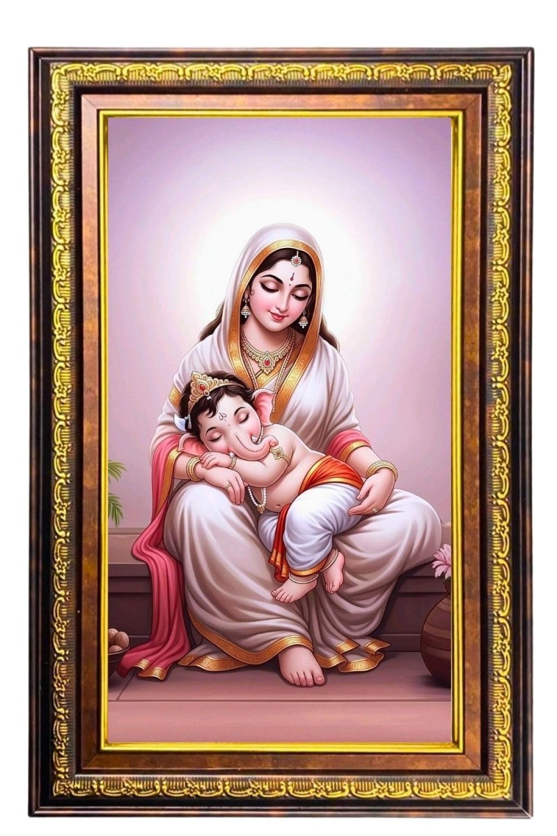 Lord Gabnesha And Parvathi Digital Golden Balck Color Photo Frame | Hindu Religious Wall Decor | 10x16 Inches - Inspirational Wall Art For Office, Home Decor - Ideal Spiritual Gift (F16466)