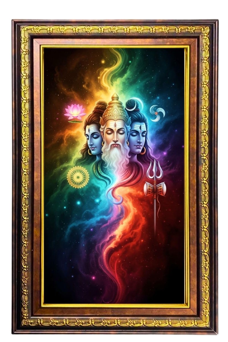 Bramha Vishnu Shiva Digital Golden Balck Color Photo Frame | Hindu Religious Wall Decor | 16x22 Inches - Inspirational Wall Art For Office, Home Decor - Ideal Spiritual Gift (F16499)