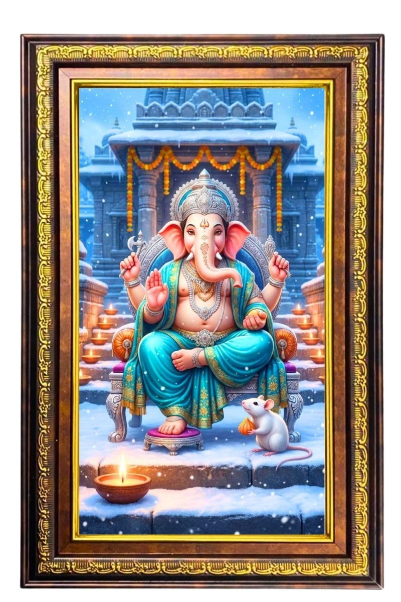 Lord Ganesha Digital Golden Balck Color Photo Frame | Hindu Religious Wall Decor | 16x22 Inches - Inspirational Wall Art For Office, Home Decor - Ideal Spiritual Gift (F16809)