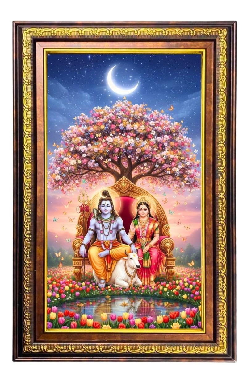 Lord Shiva Parvathi Digital Golden Balck Color Photo Frame | Hindu Religious Wall Decor | 18x24 Inches - Inspirational Wall Art For Office, Home Decor - Ideal Spiritual Gift (F16723)