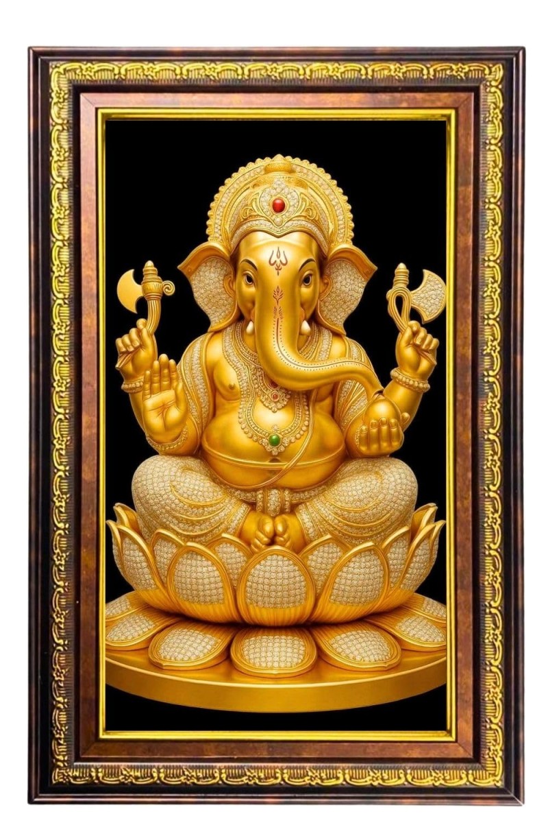 Lord Ganesha Digital Golden Balck Color Photo Frame | Hindu Religious Wall Decor | 16x22 Inches - Inspirational Wall Art For Office, Home Decor - Ideal Spiritual Gift (F16660)