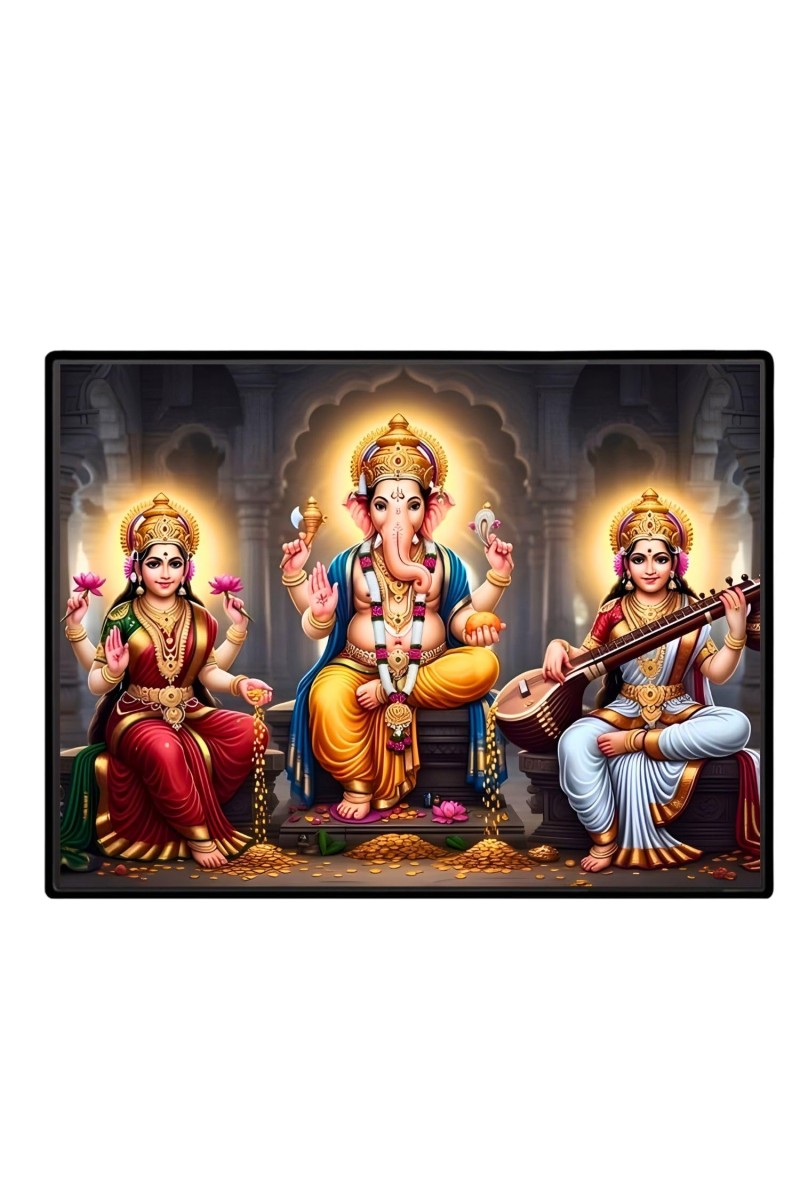 Lord Ganesha Maa Laxmi Sarswati Laminated Photo - 9x11 Inches, Divine Blessings For Home & Office And Temple Decoration (F16146)