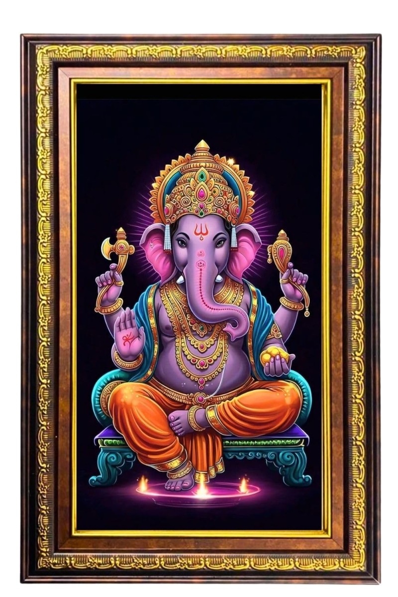 Lord Ganesha Digital Golden Balck Color Photo Frame | Hindu Religious Wall Decor | 18x24 Inches - Inspirational Wall Art For Office, Home Decor - Ideal Spiritual Gift (F16492)