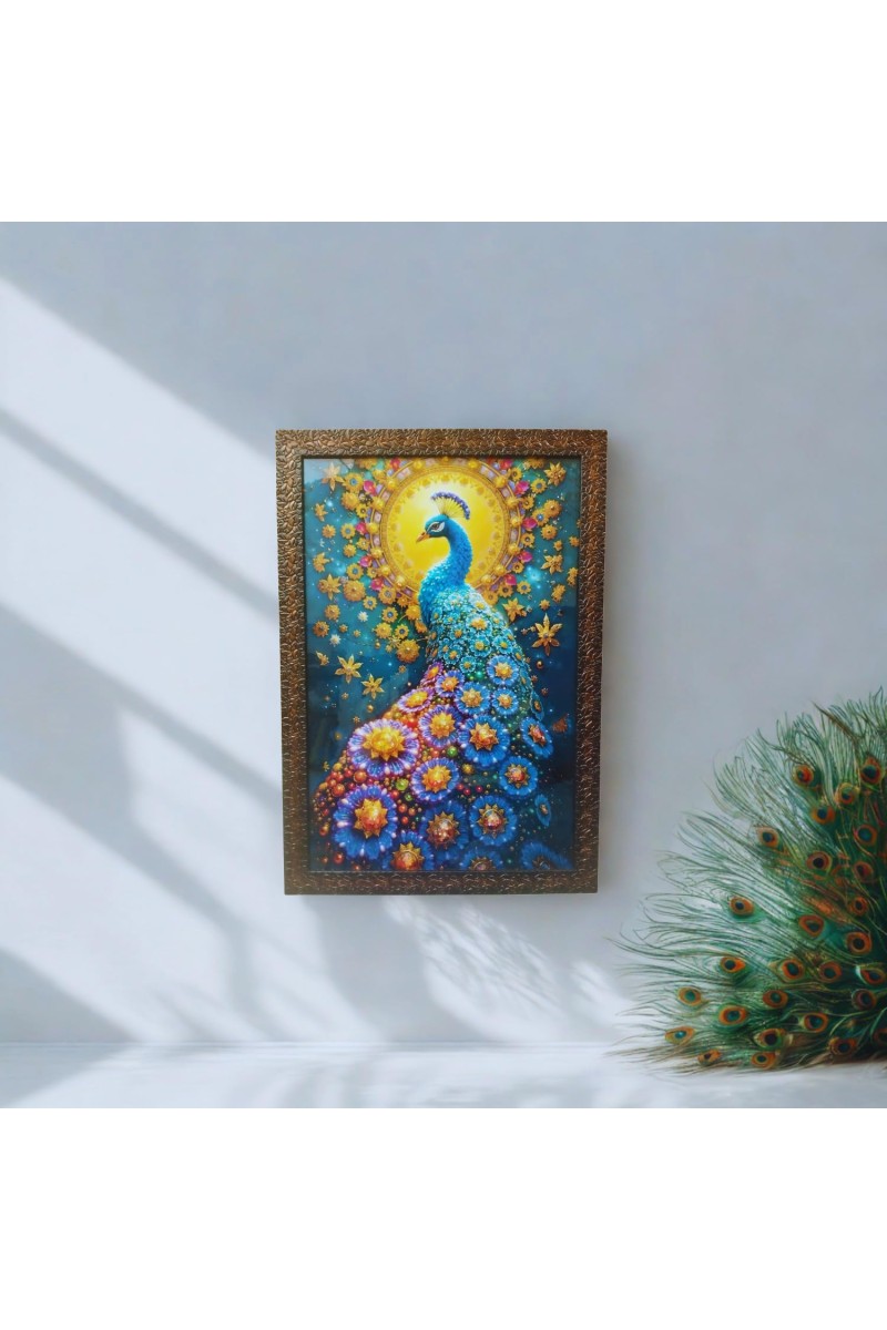 Majestic Peacock with Floral Halo Wall Art – 3D Embellished Decorative Frame Painting (size13.5/19.5 inches)