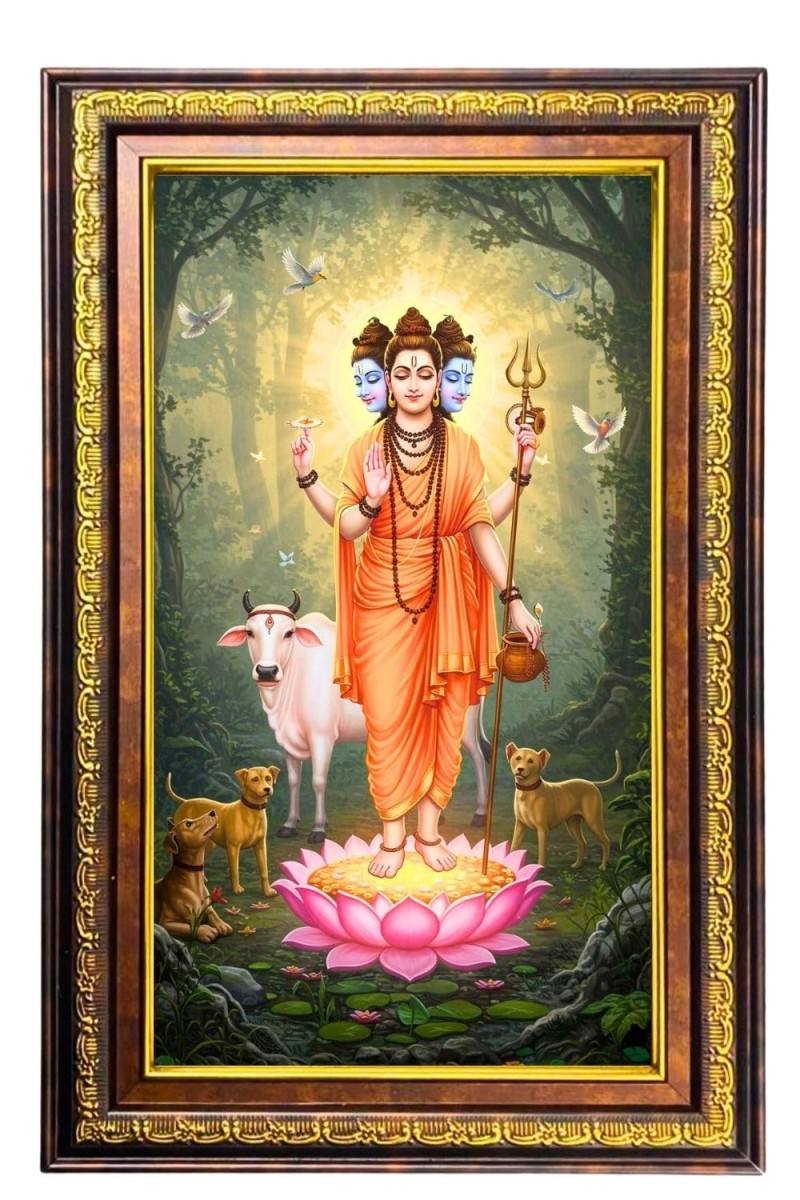Lord Dattatreya Digital Golden Balck Color Photo Frame | Hindu Religious Wall Decor | 10x16 Inches - Inspirational Wall Art For Office, Home Decor - Ideal Spiritual Gift (F16666)