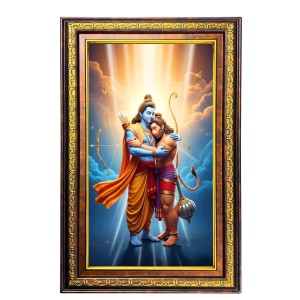 Lord Hanuman And Lord Rama Digital Golden Balck Color Photo Frame | Hindu Religious Wall Decor | 14x20 Inches - Inspirational Wall Art For Office, Home Decor - Ideal Spiritual Gift (F16705)