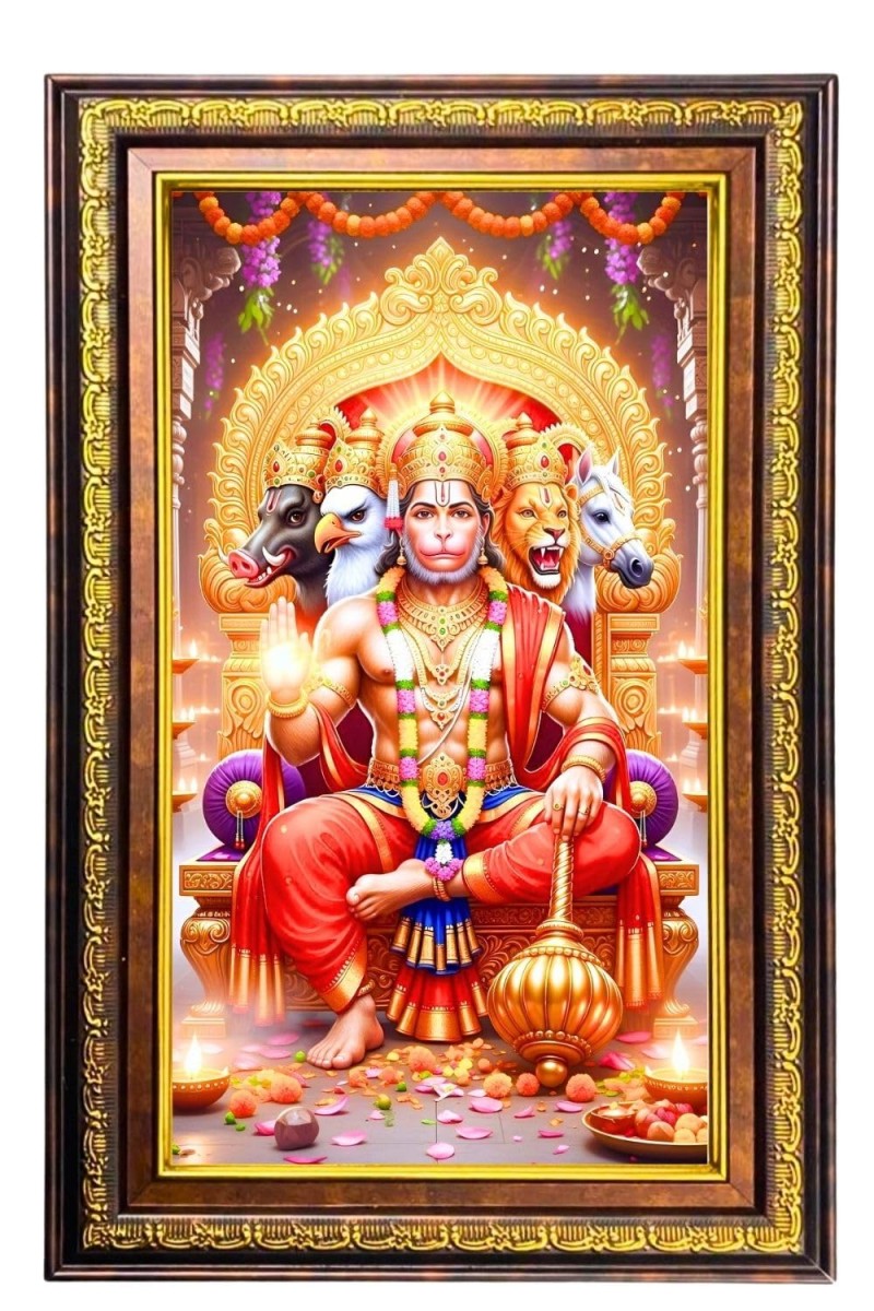 Lord Hanuman Digital Golden Balck Color Photo Frame | Hindu Religious Wall Decor | 18x24 Inches - Inspirational Wall Art For Office, Home Decor - Ideal Spiritual Gift (F16873)