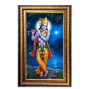 Lord Krishna Digital Golden Balck Color Photo Frame | Hindu Religious Wall Decor | 18x24 Inches - Inspirational Wall Art For Office, Home Decor - Ideal Spiritual Gift (F16658)
