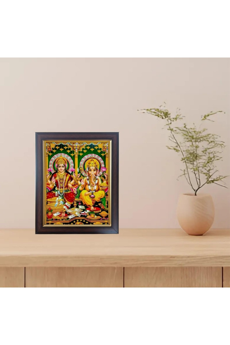 Hitech Sales Sri Laxmi Devi & Ganesh ji Photo Frame for Pooja Room, Temple Decor, Home Decoration and Gift (Wall and Tabletop, Rectangular, Polystyrene Frame, Printed Photo, 24 x 29 cm Black)