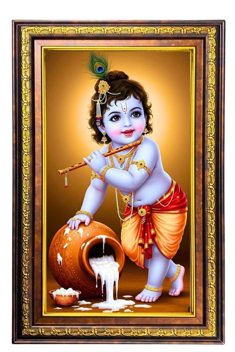 Lord Krishna Digital Golden Balck Color Photo Frame | Hindu Religious Wall Decor | 18x24 Inches - Inspirational Wall Art For Office, Home Decor - Ideal Spiritual Gift (F16793)