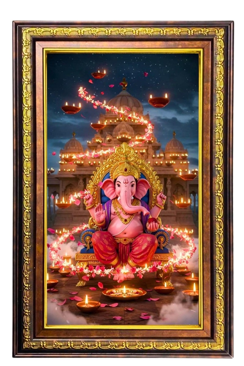 Lord Ganesha Digital Golden Balck Color Photo Frame | Hindu Religious Wall Decor | 12x18 Inches - Inspirational Wall Art For Office, Home Decor - Ideal Spiritual Gift (F16586)
